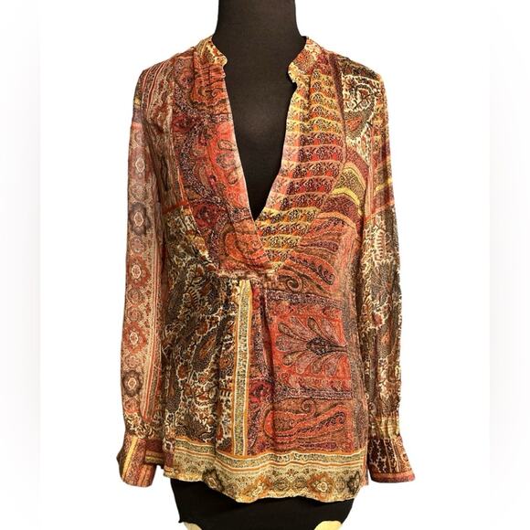 Sundance Silk V Neck Long Sleeved Semi Sheer Top XS Boho Forest Fairy Earthy - Picture 1 of 7